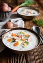 Lohikeitto, traditional salmon soup with potato, carrot and dill